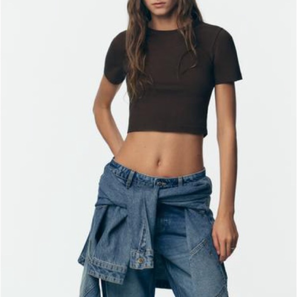 Zara Basic Dark Grey Crop Top - Slim Fit Crew Neck Tee - Size XS
